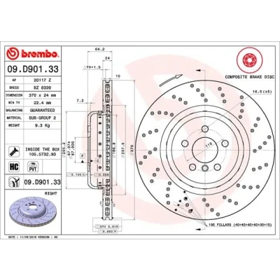 Kuva BREMBO 09.D901.33 Jarrulevyt 370 24 5 rei&#039;itetty/tuuletettu sisältä, kaksiosainen jarrulevy pinnoitettu hiiliteräs Ruuveilla BMW: Sedan, Touring