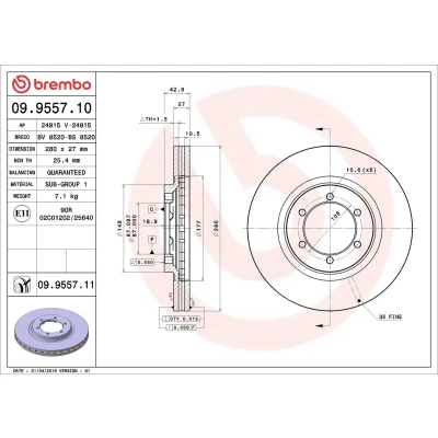 Kuva BREMBO COATED DISC LINE 09.9557.11 Jarrulevyt 280 27 6 tuuletettu sisältä pinnoitettu HYUNDAI: Terracan