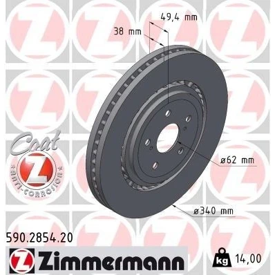 Kuva ZIMMERMANN Jarrulevy 38mm 7/5 5 aukko 114mm Tuuletettu, ulko pinnoitettu 590.2854.20 435120E070,4351248150 Jarrulevyt