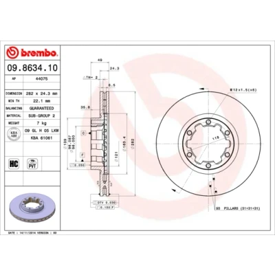 Kuva BREMBO 09.8634.10 Jarrulevyt 282 24,3 6 tuuletettu sisältä hiiliteräs