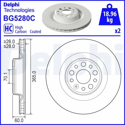 Kuva DELPHI Jarrulevy TESLA: Model S, X 365mm 28mm 5 Tuuletettu BG5280C Jarrulevyt