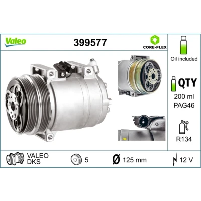 Kuva VALEO 399577 Ilmastoinnin Kompressori DKS 12 PAG 46 R 134a kompressoriöljyllä VOLVO: V50, S40 II, FORD: KUGA 1, Focus 2
