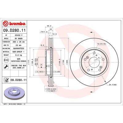 Kuva BREMBO 09.D280.11 Jarrulevyt 293 25 5 tuuletettu sisältä pinnoitettu Ruuveilla