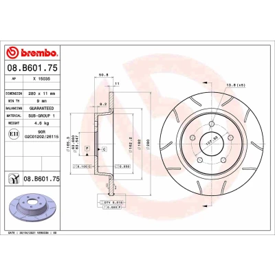 Kuva BREMBO 08.B601.75 Jarrulevyt 280 11 5 täysi pinnoitettu FORD: KUGA 2, Transit Connect V408 Van, C Max 2