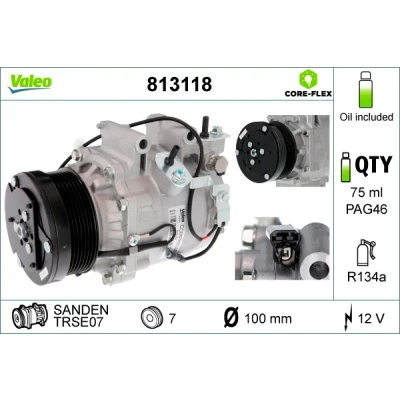 Kuva VALEO 813118 Ilmastoinnin Kompressori TRSE07 12 PAG 46 R 134a kompressoriöljyllä HONDA: CIVIC 8 Hatchback,