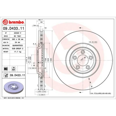Kuva BREMBO 09.D433.11 Jarrulevyt 380 36 5 tuuletettu sisältä pinnoitettu hiiliteräs JAGUAR: XF Sedan, XJ Sportbrake