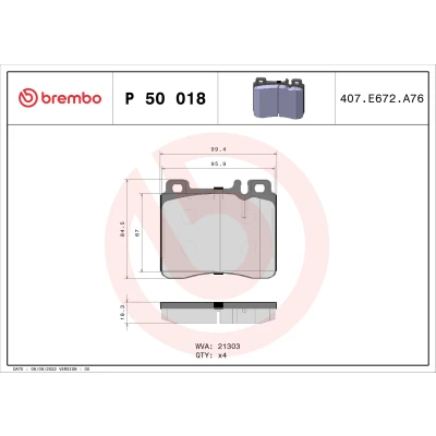 Kuva BREMBO P 50 018 Jarrupalat Kulumisenilmaisemelle Ilman tarvikkeita MERCEDES BENZ: S sarja Sedan
