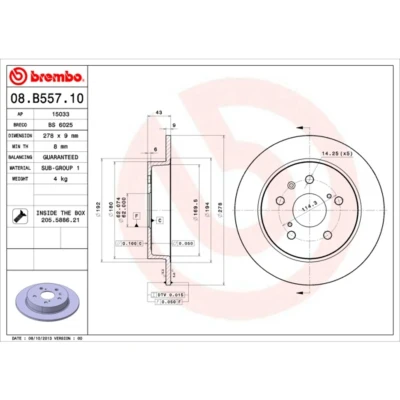 Kuva BREMBO 08.B557.10 Jarrulevyt 278 9 5 täysi Ruuveilla SUZUKI: SWIFT 3, SX4 I Hatchback, FIAT: Sedici