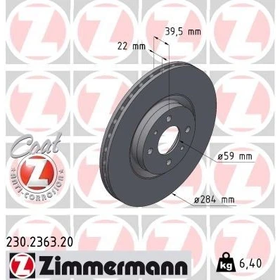 Kuva ZIMMERMANN COAT Z 230.2363.20 Jarrulevyt 284 22 6/4 4 98 tuuletettu sisältä pinnoitettu FIAT: Punto II Hatchback, ALFA ROMEO: 145