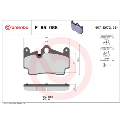 Kuva BREMBO P 85 088 Jarrupalat Kulumisenilmaisemelle Huudonvaimennuspellillä Tasauspainoilla, Ilman tarvikkeita AUDI: Q7, PORSCHE: Cayenne