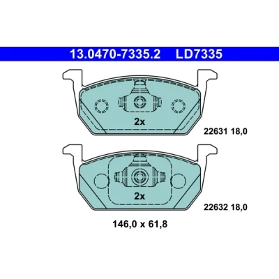 Kuva ATE 13.0470 7335.2 Jarrupalat Ei kulumisenilmaisimelle, Ilman kulumisenilmaisinta SEAT: Leon III Hatchback, ST, Arona, SKODA: Scala Hatchback