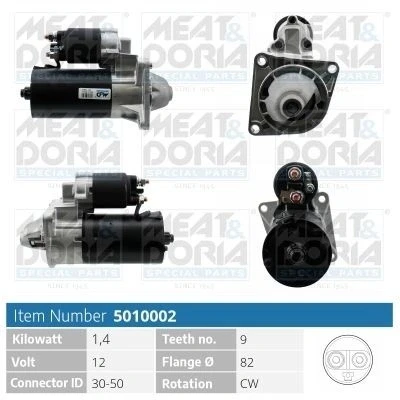 Kuva MEAT &amp; DORIA 5010002 Starttimoottori 12V 1,4kW 9 30 50 82mm OPEL: Astra H Hatchback, Caravan, Insignia A Sports Tourer, SAAB: 5 Farmari