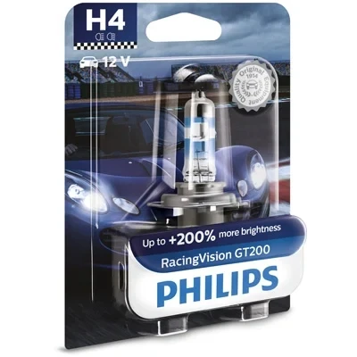 Kuva Halogeenilamppu PHILIPS RacingVision GT200 H4 P43t 38 BMW, ROVER, HONDA, DACIA, LAND JEEP, SUBARU, VOLVO, SSANGYONG, PLYMOUTH, SUZUKI, AUSTI