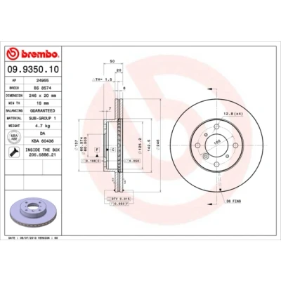 Kuva BREMBO 09.9350.10 Jarrulevyt 246 20 4 tuuletettu sisältä Ruuveilla SUZUKI: Liana Hatchback, Baleno I Sedan