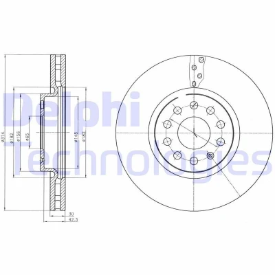 Kuva DELPHI BG4330C Jarrulevyt 314 30 5 Tuuletettu pinnoitettu hiiliteräs ilman pyöränlaakeria, ABS sensorirengasta VOLKSWAGEN: Tiguan II, Sharan II
