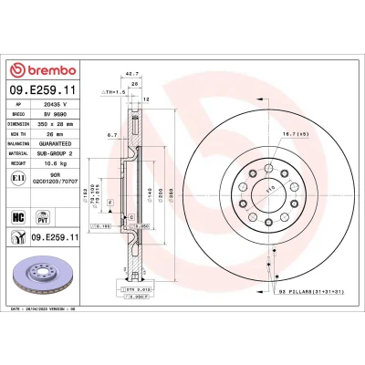 Kuva BREMBO Jarrulevy 350mm 28mm 5 tuuletettu sisältä pinnoitettu 09.E259.11 Jarrulevyt