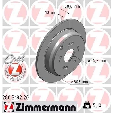 Kuva ZIMMERMANN COAT Z 280.3182.20 Jarrulevyt 302 10 10/5 5 114 täysi pinnoitettu HONDA: CR V 3, 4