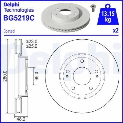 Kuva DELPHI Jarrulevy 280mm 25mm 5 Tuuletettu pinnoitettu BG5219C 51712AA000,51712AT500 Jarrulevyt