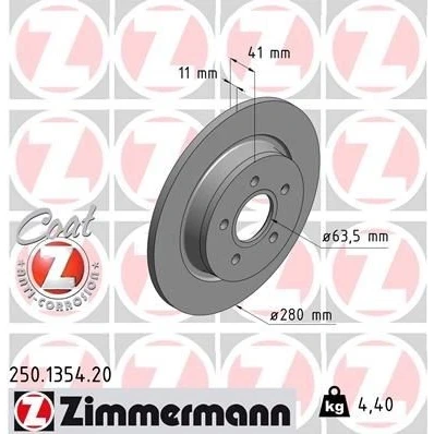 Kuva ZIMMERMANN COAT Z 250.1354.20 Jarrulevyt 280 11 5/5 5 108 täysi pinnoitettu VOLVO: V50, C30, S40 II, FORD: Focus 2 Kombi, 2, C Max