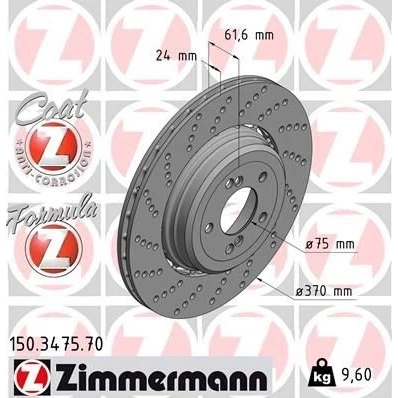 Kuva ZIMMERMANN FORMULA Z COAT 150.3475.70 Jarrulevyt 370 24 7/5 5 120 Tuuletettu, reijitetty, kaksiosainen jarrulevy pinnoitettu Seostettu / hiilletty