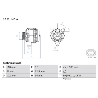 Kuva BOSCH 0 986 080 380 Laturi 14V 140A OPEL: Vectra C Caravan, Zafira B, Astra H SAAB: 9 3 Sedan, Farmari