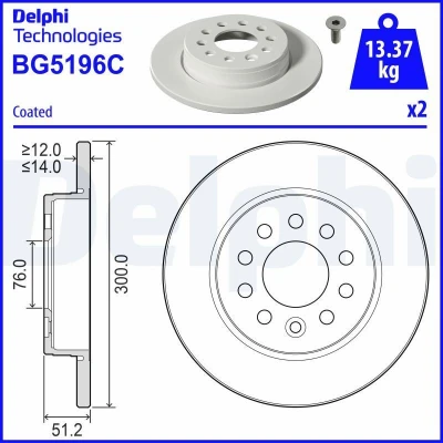 Kuva DELPHI Jarrulevy 300mm 14mm 5 täysi pinnoitettu käsittelemätön BG5196C 7T0615601 Jarrulevyt
