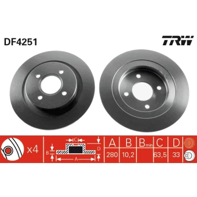 Kuva TRW DF4251 Jarrulevyt 280 10,2 4 108 täysi Lakattu FORD: Focus Mk1 Farmari, Hatchback