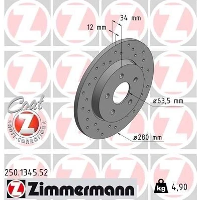Kuva ZIMMERMANN 250.1345.52 Jarrulevyt 280 12 5/5 5 108 täysi, reijitetty pinnoitettu FORD: MONDEO 3 Kombi, 3, Stufenheck