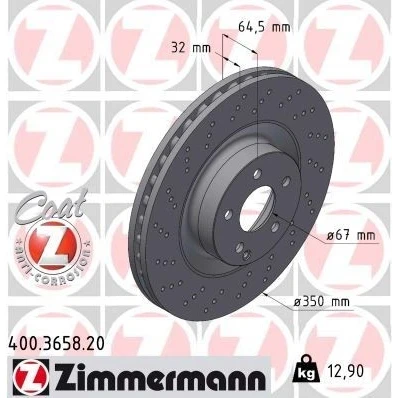 Kuva ZIMMERMANN COAT Z 400.3658.20 Jarrulevyt 350 32 6/5 5 112 tuuletettu sisältä, reijitetty pinnoitettu MERCEDES BENZ: E sarja Sedan, T modell