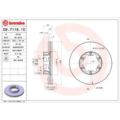 Kuva BREMBO 09.7118.10 Jarrulevyt 263 24 6 tuuletettu sisältä