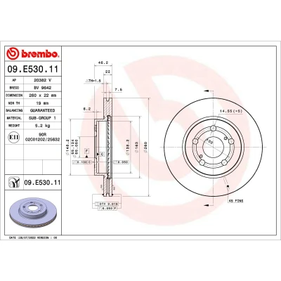Kuva BREMBO 09.E530.11 Jarrulevyt 260 22 5 tuuletettu sisältä pinnoitettu