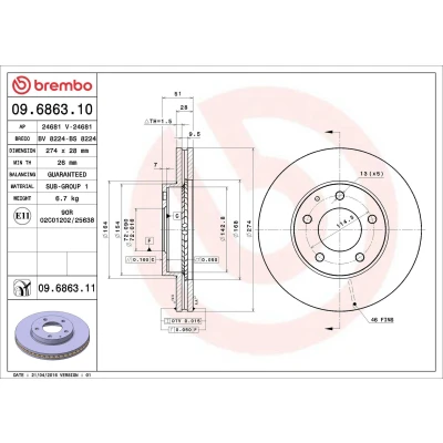 Kuva BREMBO COATED DISC LINE 09.6863.11 Jarrulevyt 274 28 5 tuuletettu sisältä pinnoitettu MAZDA: MPV 2
