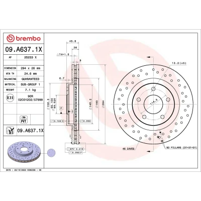Kuva BREMBO Jarrulevy DODGE: Avenger Sedan, Caliber Hatchback, Journey MPV, JEEP: Patriot, Compass, CHRYSLER: Sebring III Sedan 09.A637.1X 2AMV5514AA