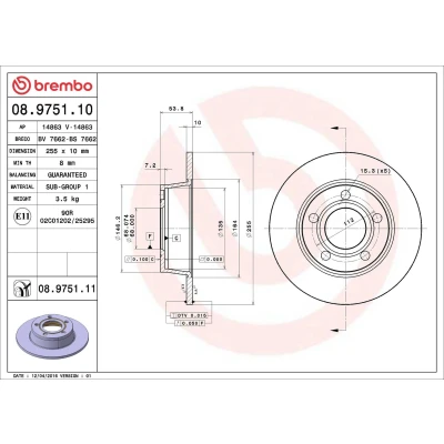 Kuva BREMBO COATED DISC LINE 08.9751.11 Jarrulevyt 255 10 5 täysi pinnoitettu AUDI: A6 C5 Avant, Sedan