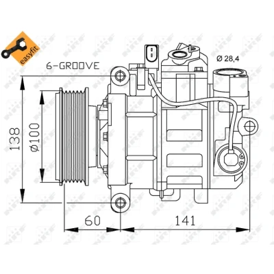 Kuva NRF EASY FIT 32263 Ilmastoinnin Kompressori 6SEU14C 12 PAG 46 kompressoriöljyllä, Tiivisterenkaalla AUDI: A6 C6 Avant, A4 B8 B7 Avant