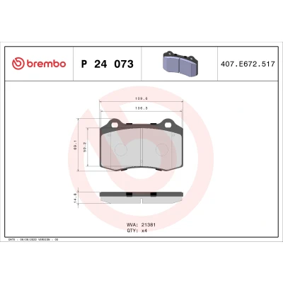 Kuva BREMBO P 24 073 Jarrupalat Ilman kulumisenilmaisinta tarvikkeita FORD: Focus Mk1 Hatchback, CITROËN: DS3 Hatchback