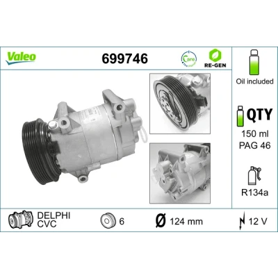 Kuva VALEO 699746 Ilmastoinnin Kompressori CVC 12 PAG 46 R 134a kompressoriöljyllä REMANUFACTURED NISSAN: Qashqai / Qashqai+2 I, Almera II Hatchback