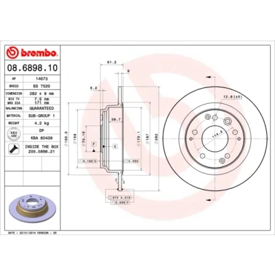 Kuva BREMBO 08.6898.10 Jarrulevyt 282 9 5 täysi Ruuveilla HONDA: Shuttle