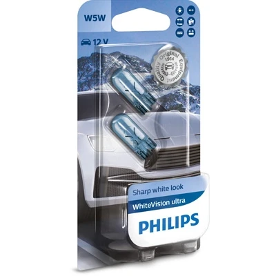Kuva Polttimo PHILIPS WhiteVision ultra W5W W2,1x9,5d, takana, Edessä, Edessä ja Asennus sivulle, Auton takalasi, takaluukku, Lokasuoja, Jalk