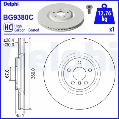 Kuva DELPHI Jarrulevy MINI: Countryman, Hatchback, BMW: X1 360mm 30mm 5 Tuuletettu pinnoitettu hiiliteräs BG9380C 34106884002 Jarrulevyt