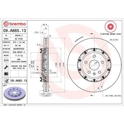 Kuva BREMBO 09.A665.13 Jarrulevyt 370 34 5 tuuletettu sisältä, kaksiosainen jarrulevy pinnoitettu hiiliteräs Ruuveilla