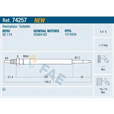 Kuva FAE 74257 Hehkutulppa 4,4V M 9x1 OPEL: Insignia A Hatchback, Astra J Sedan