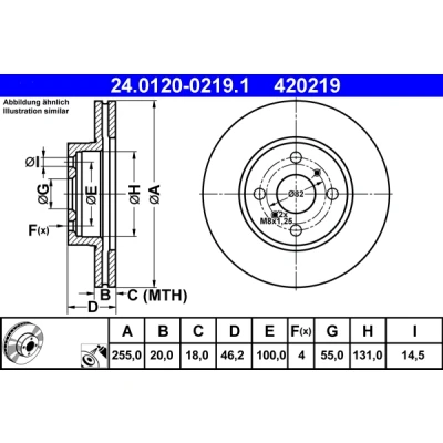 Kuva ATE 24.0120 0219.1 Jarrulevyt 255,0 20,0 4 100,0 Tuuletettu pinnoitettu TOYOTA: iQ
