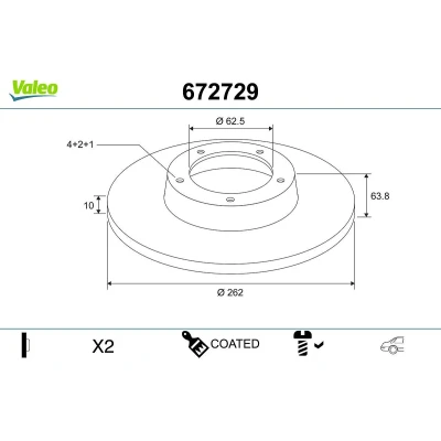 Kuva VALEO Jarrulevy HYUNDAI: i20 I Hatchback, Getz, KIA: RIO 2 Taka akseli 262mm 10mm 4 aukko täysi pinnoitettu 672729 584111C800,584111G300,58411AC800