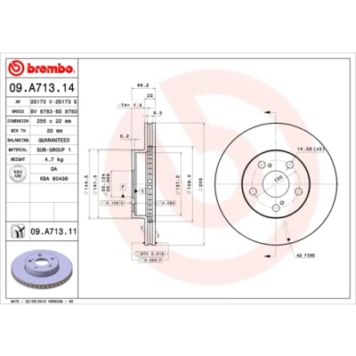Kuva BREMBO COATED DISC LINE 09.A713.11 Jarrulevyt 255 22 5 tuuletettu sisältä pinnoitettu TOYOTA: Prius II Liftback