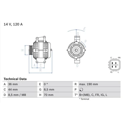 Kuva BOSCH 0 986 082 050 Laturi 14V 120A HONDA: CR V 3, Accord 7 Tourer, 2