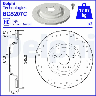 Kuva DELPHI Jarrulevy MERCEDES BENZ: ML sarja 345mm 22mm 5 Tuuletettu, reijitetty pinnoitettu hiiliteräs BG5207C 1664230312,A1664230312 Jarrulevyt
