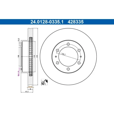 Kuva ATE Jarrulevy TOYOTA: HILUX 3 Pick up 319,0mm 28,0mm 6 139,7mm Tuuletettu 24.0128 0335.1 Jarrulevyt