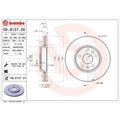 Kuva BREMBO COATED DISC LINE 09.8137.31 Jarrulevyt 280 24 5 tuuletettu sisältä pinnoitettu hiiliteräs Ruuveilla RENAULT: MEGANE 2 Kombi