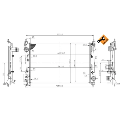 Kuva NRF EASY FIT 53455 Jäähdytin Alumiini 620 398 26 Tiivisterenkaalla Jäähdytysrivat juotetut OPEL: Corsa D Hatchback, FIAT: Grande Punto Hatchback
